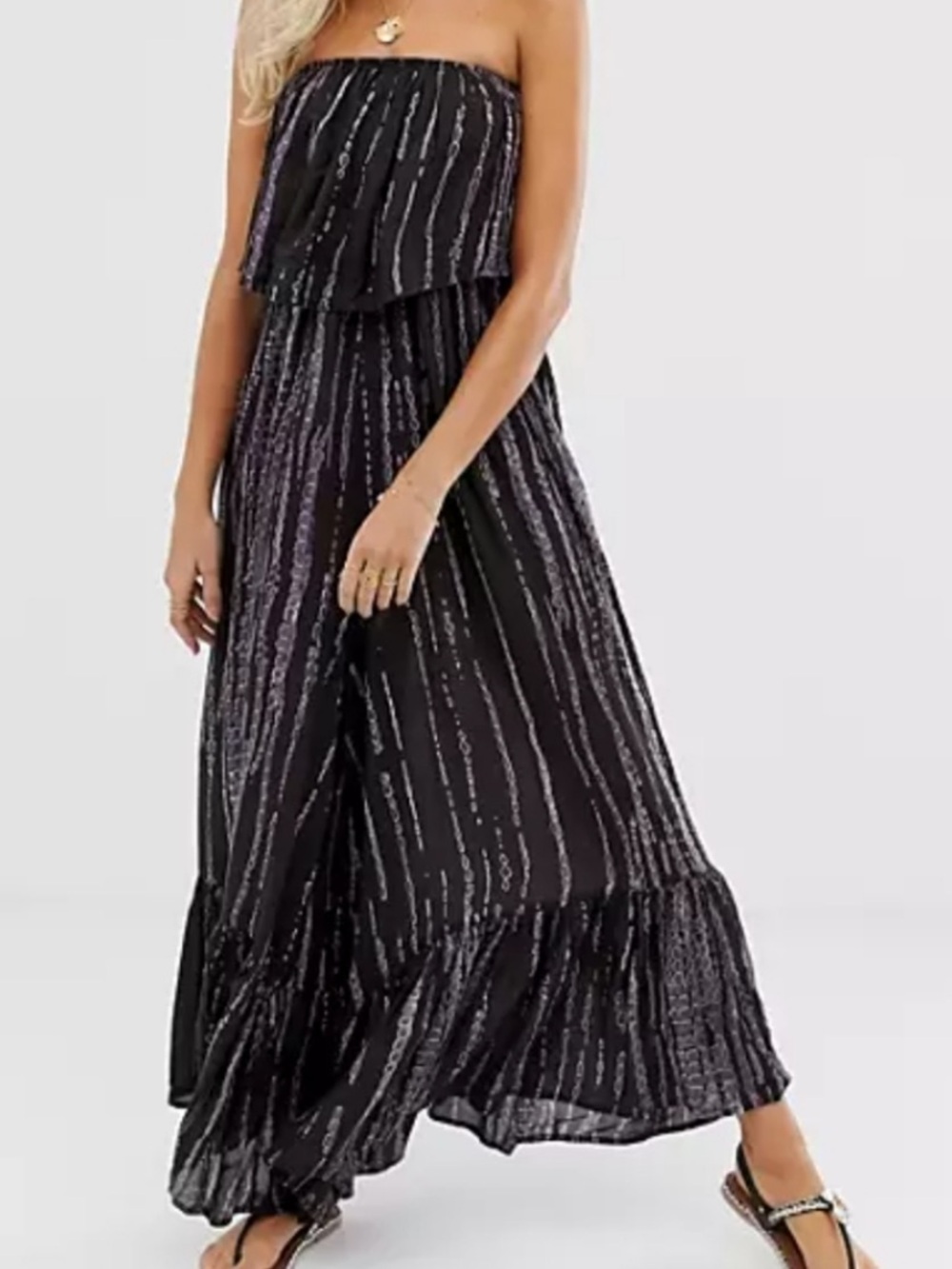 Free People Black Strapless Maxi Jumpsuit with Silver Stripe Print